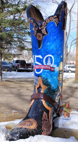 boot with 150th birthday, city seal, and capitol building